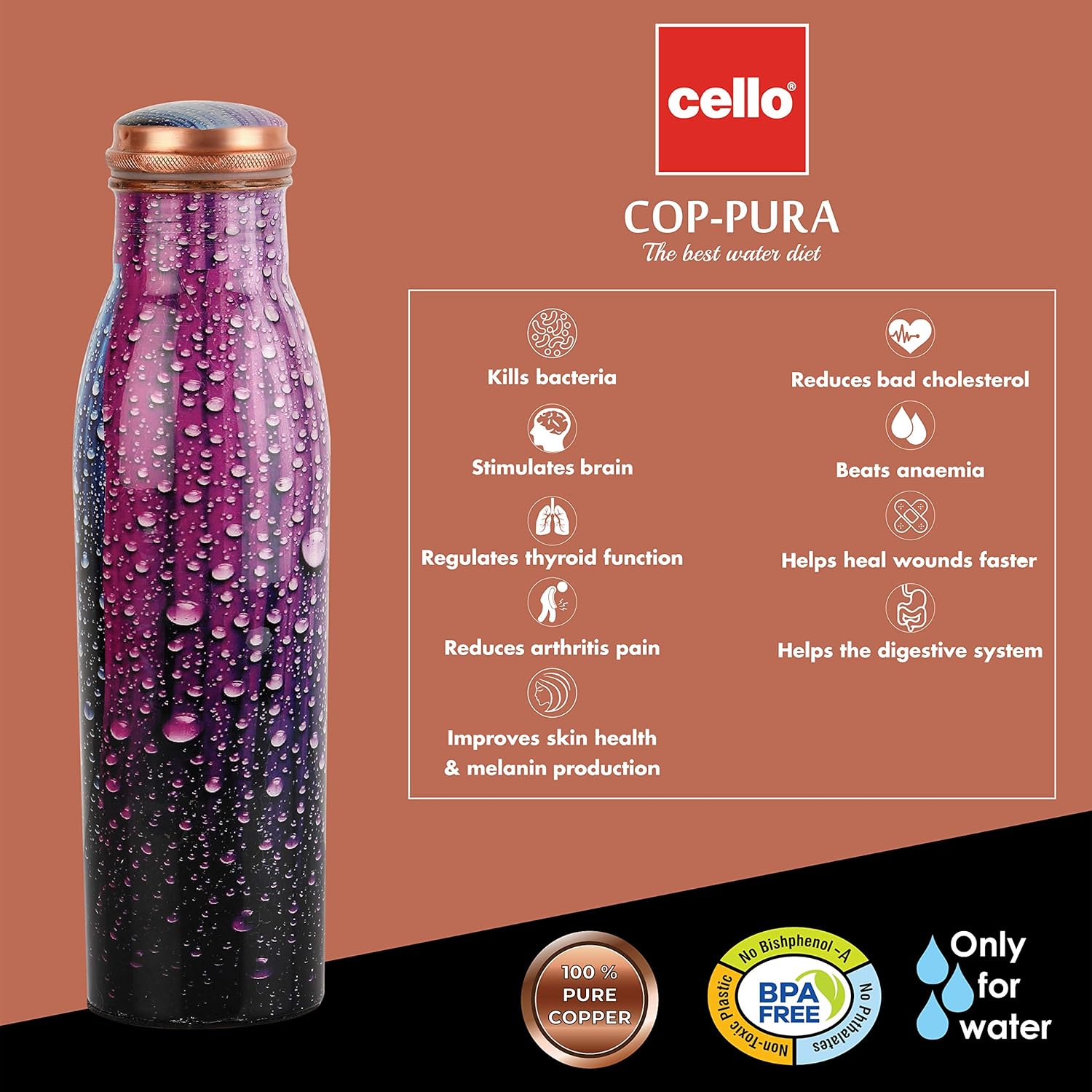 Cello Cop- Pura Good Earth Copper Bottle | 1000 Ml | Dew