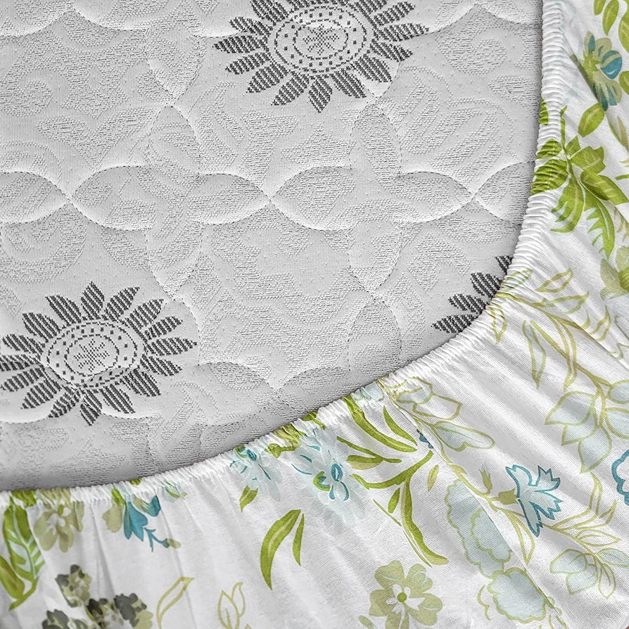 Divine Casa 144 TC 100% Cotton Floral Print Green Super Soft Fitted Bedsheets for Double Bed
