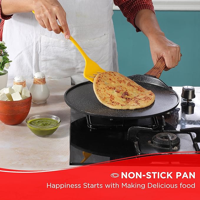 Vinod Zest Plus Aluminium Die Cast Non Stick Roti / Chapati Tawa - 31 cm | 5mm Thick | 5 Layer Coating | Scratch Proof | Wooden Finish Handle