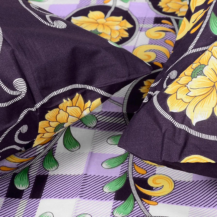Divine Casa Double Size Bedsheet for Double Bed 144 TC Pure Cotton Queen Size with 2 Pillow Covers Floral Colour Royal Lilac