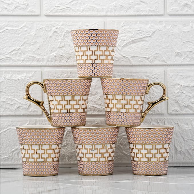 Femora Honey Comb on Golden Mugs, Ceramic Tea Cups, Coffee Mugs | 160 Ml | Golden | 6 Pieces Set | Not Microwave Safe