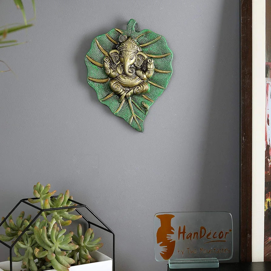 Two Moustaches Decorative Leaf Ganesha on Patta Metal Wall Hanging Showpiece Green & Golden Standard