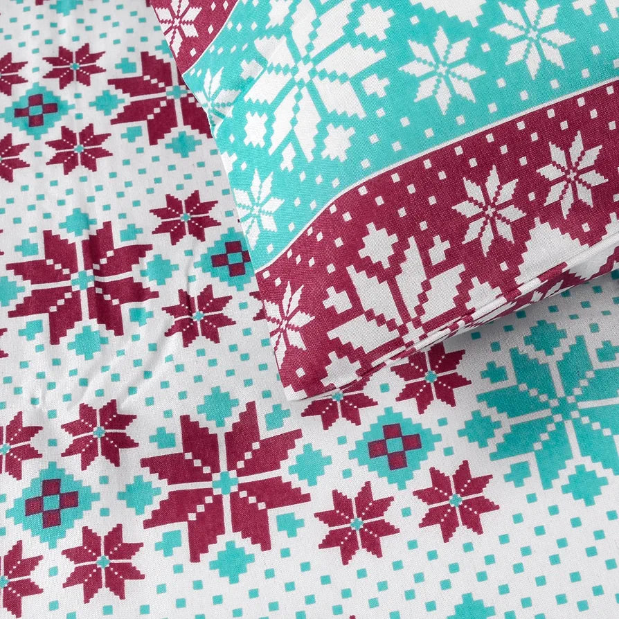 Divine Casa 144 TC Cotton Bedsheet for Single Bed with 1 Pillow Cover Colour Aqua Scarlet