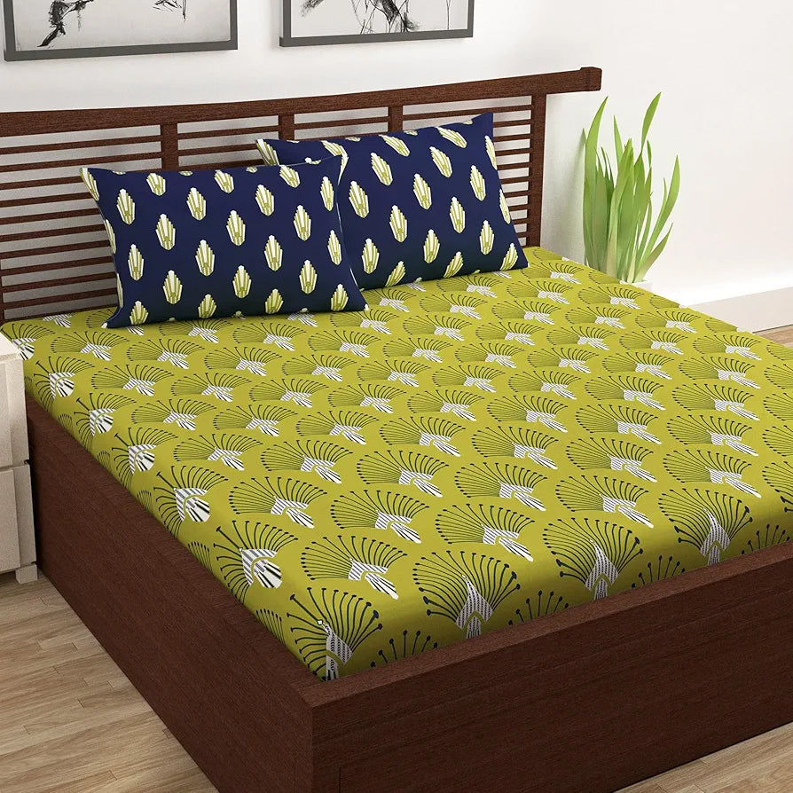 Divine Casa 144 TC 100% Cotton Bedsheet for Double Bed with 2 Pillow Cover Colour Olive Navy