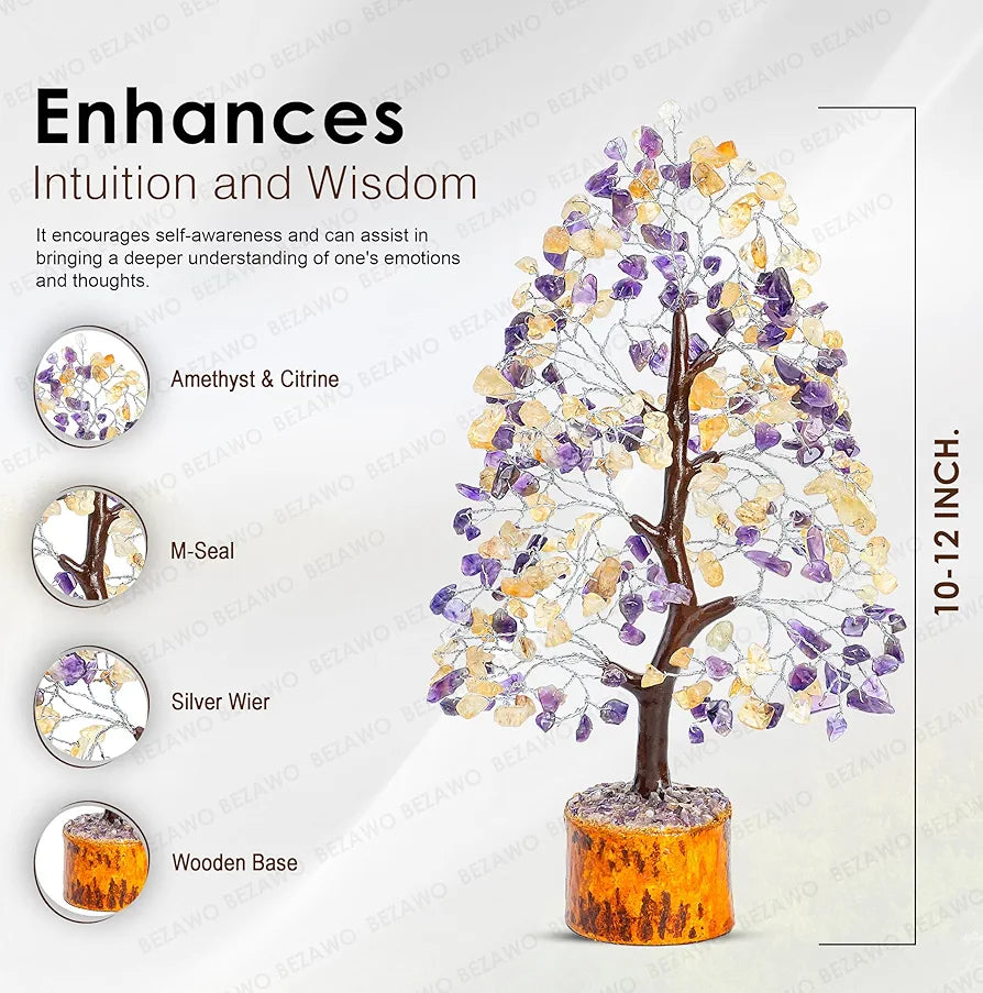 Bezavo Amethyst & Citrine Crystal Tree Feng Shui Seven Chakra Energy Tree – 10-12 Inch