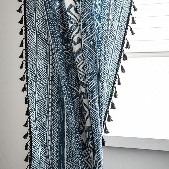 Huesland Cotton Curtains for Windows, 5 Feet Long 1 Bohemian Eyelet Curtain | Tribal Style Blue
