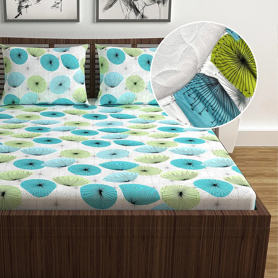 Divine Casa 144 TC 100% Cotton Floral Green Breathable Queen Size Elastic Fitted Bedsheets Colour Baltic Sea