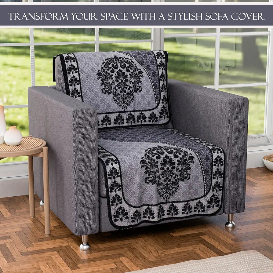 Kuber Industries Set of 10 Net Anti-Skid Sofa Cover 5-Seater Floral Print Black & Grey