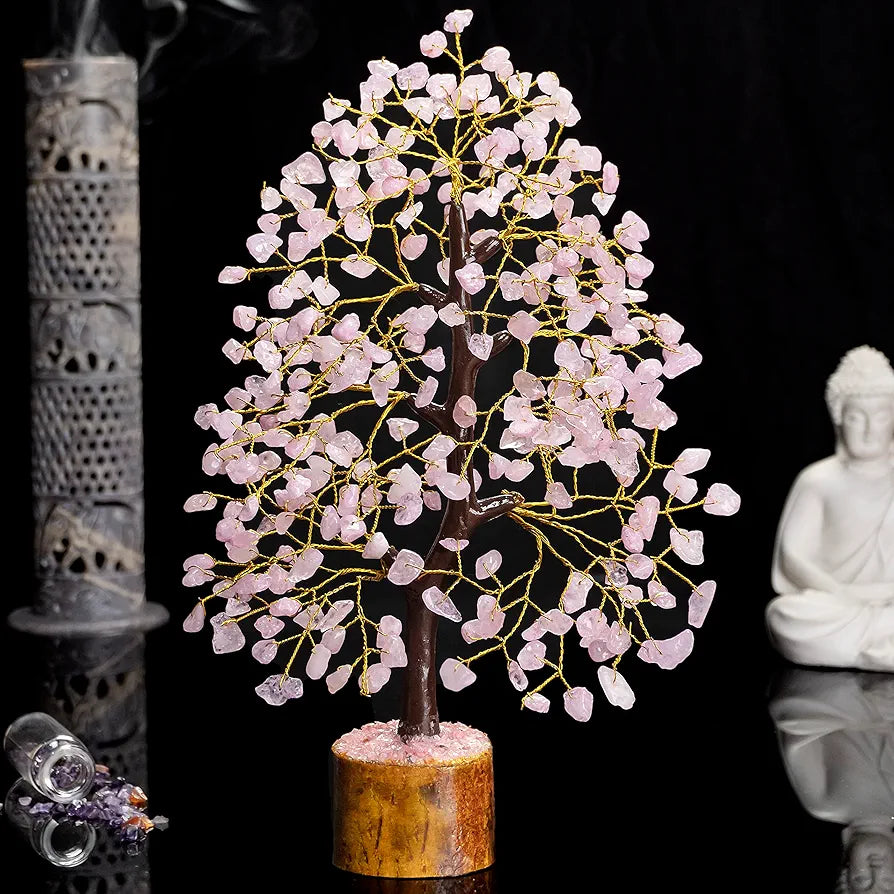 Bezavo Rose Quartz Crystal Tree Golden Wire