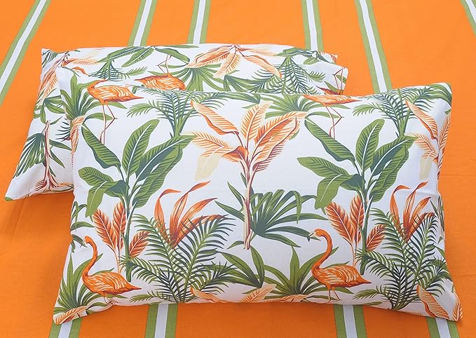 Huesland by Ahmedabad Cotton 144 TC King Size Bedsheet Cotton with 2 Pillow Covers | Stripes & Flamingos Orange & Green