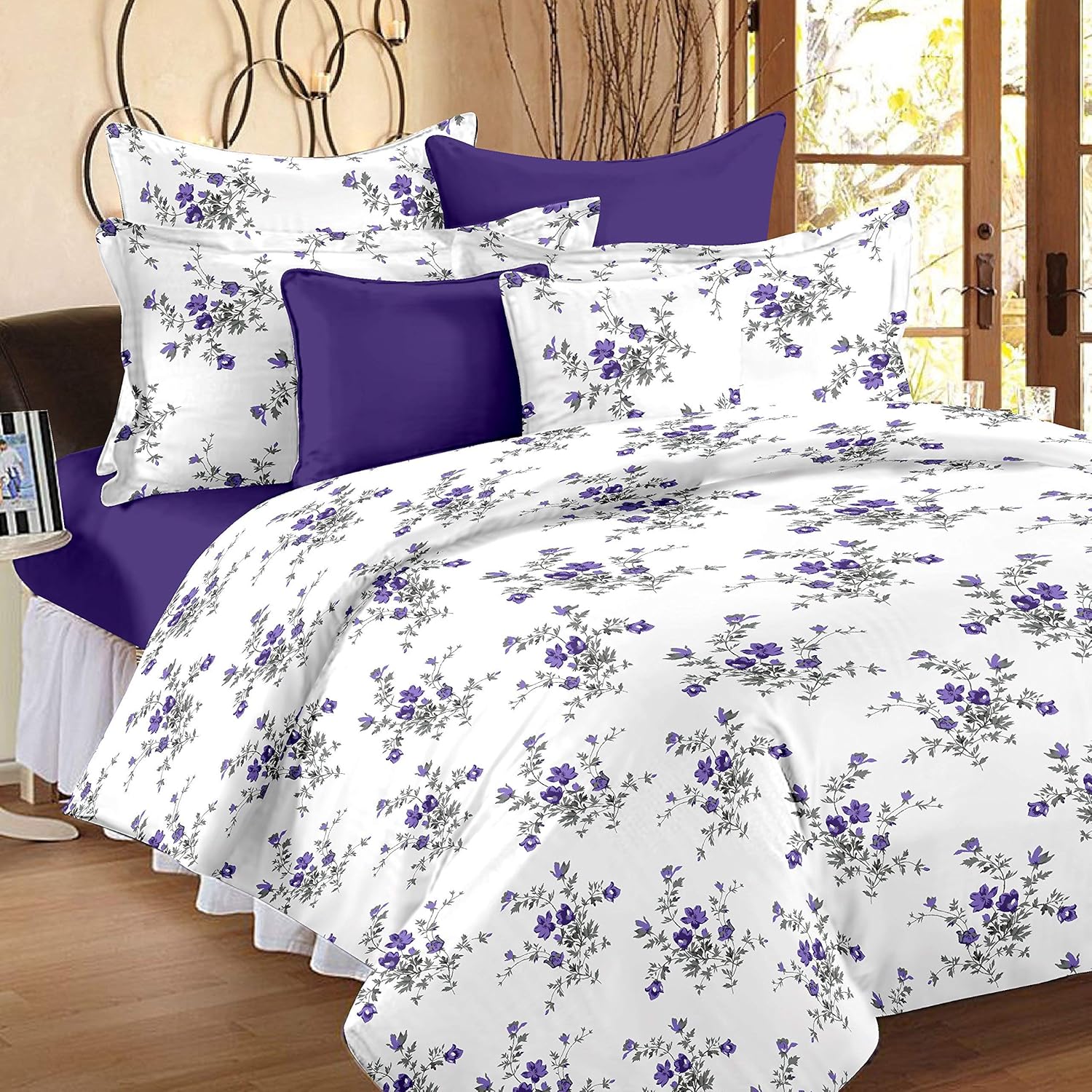 Huesland by Ahmedabad Cotton 144 TC Cotton King Size Bedsheet with 2 Pillow Covers - White, Purple