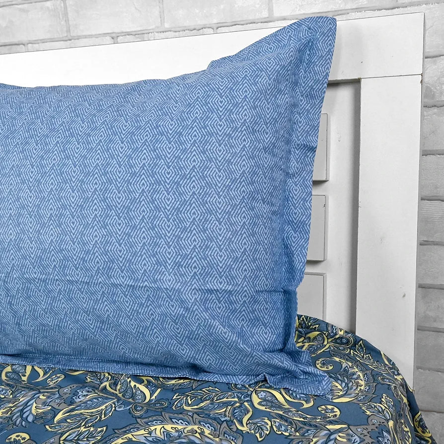 Divine Casa 144 TC 100% Pure Cotton Single Size Bedsheet with 1 Pillow Cover Floral Paisley Colour Beige Blue