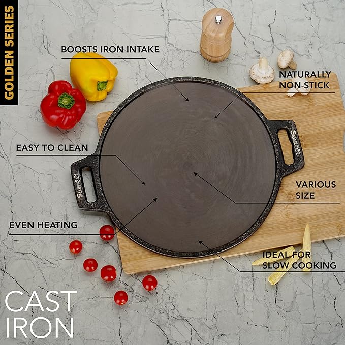 Sumeet Super Smooth Gold Series Pre Seasoned Cast Iron Flat Tawa for Dosa|30.5cm 2.3kg Gas