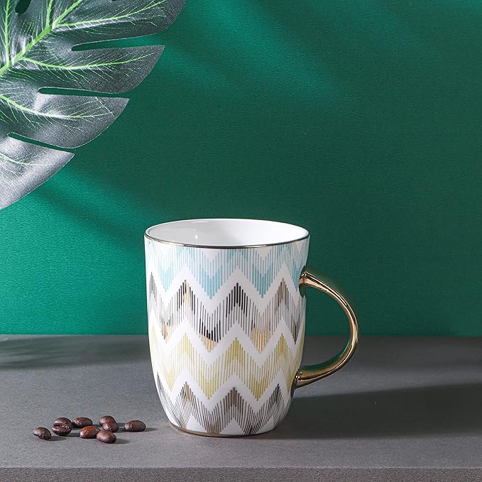 Femora India Pastel Chevron Caremic Coffee Mugs | 360 Ml, Golden | 1 Piece Set | Not Microwave Safe