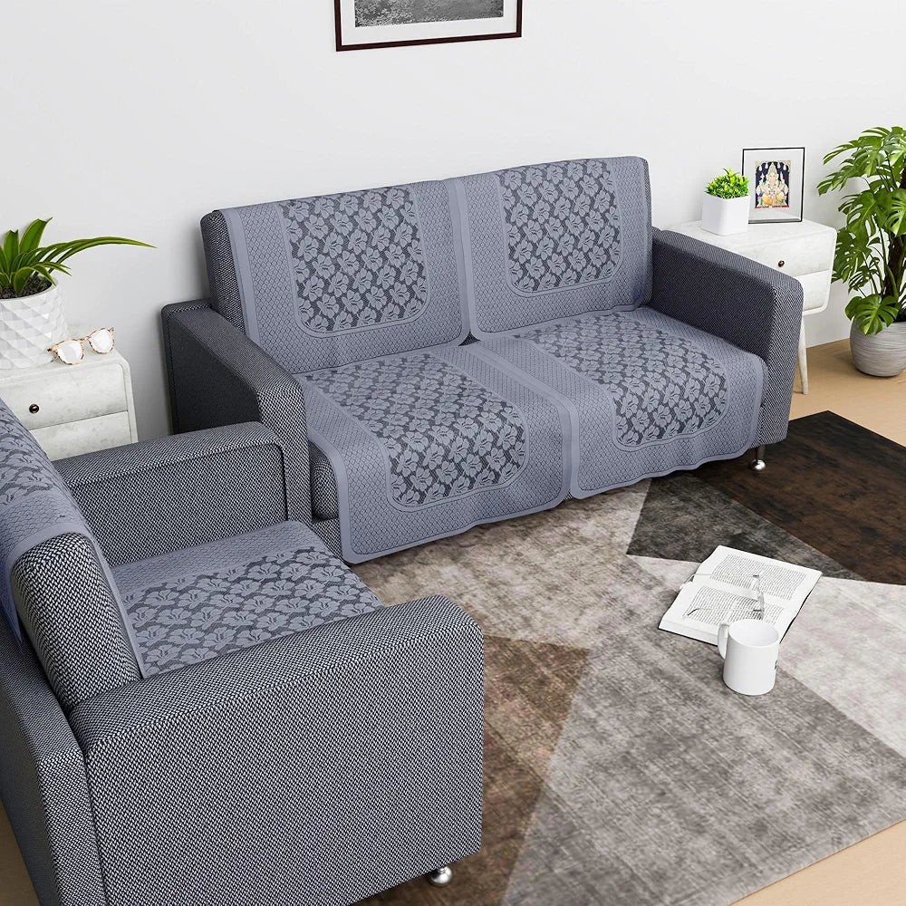 Kuber Industries Net 2+1 Seater Sofa Slip Cover Couch Cover Plain Leonardo Flower Print Grey