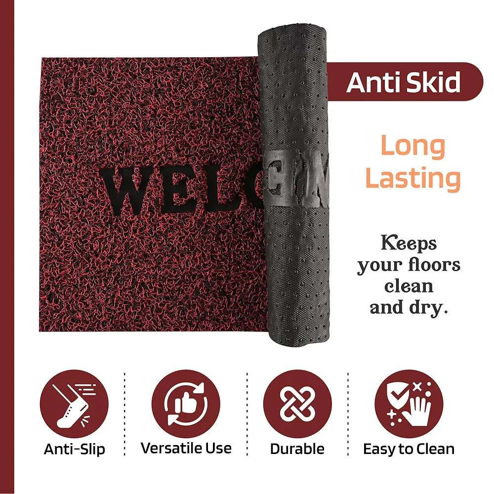 Kuber Industries Anti-Slip Welcome Print Grass Door Mats Red Colour