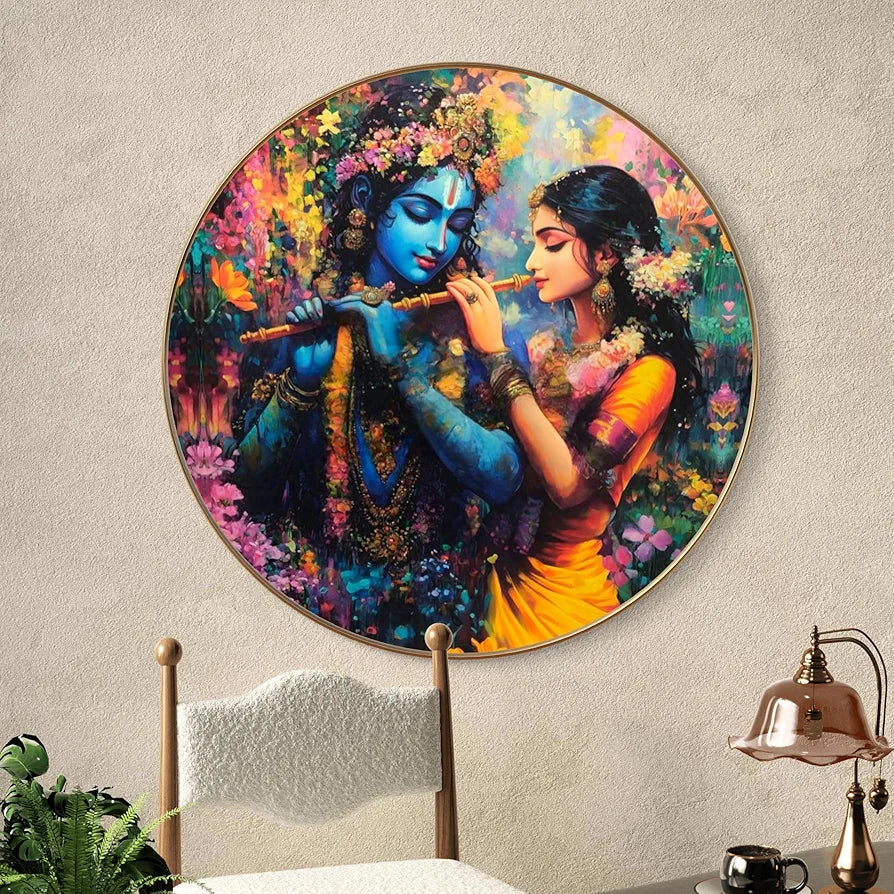 Livin'luxe Paintings Radha Krishna Divine Love Wall Painting with Frame - Sparkle Glossy Round Golden Framed Large
