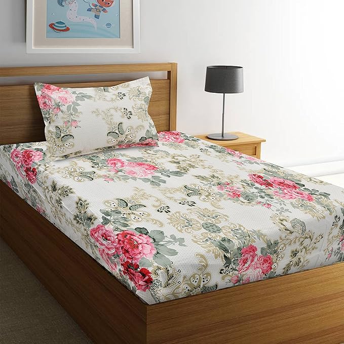 Huesland by Ahmedabad Cotton 144 TC Cotton King Size Bedsheet with 2 Pillow Covers - Beige, Pink, Green