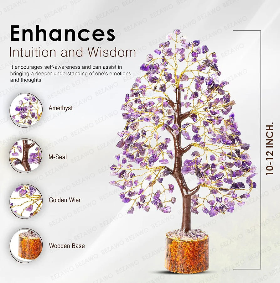 Bezavo Amethyst Gemstone Crystal Bonsai Tree – Good Luck Money Tree for Home & Office Decor  10-12 Inch