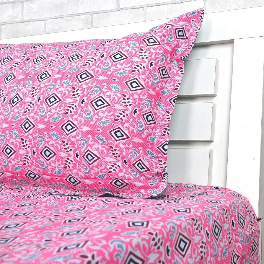 Divine Casa 144 TC 100% Pure Cotton Single Bedsheet with 1 Pillow Cover Geometric Petal Print Colour Pink Fuchsia
