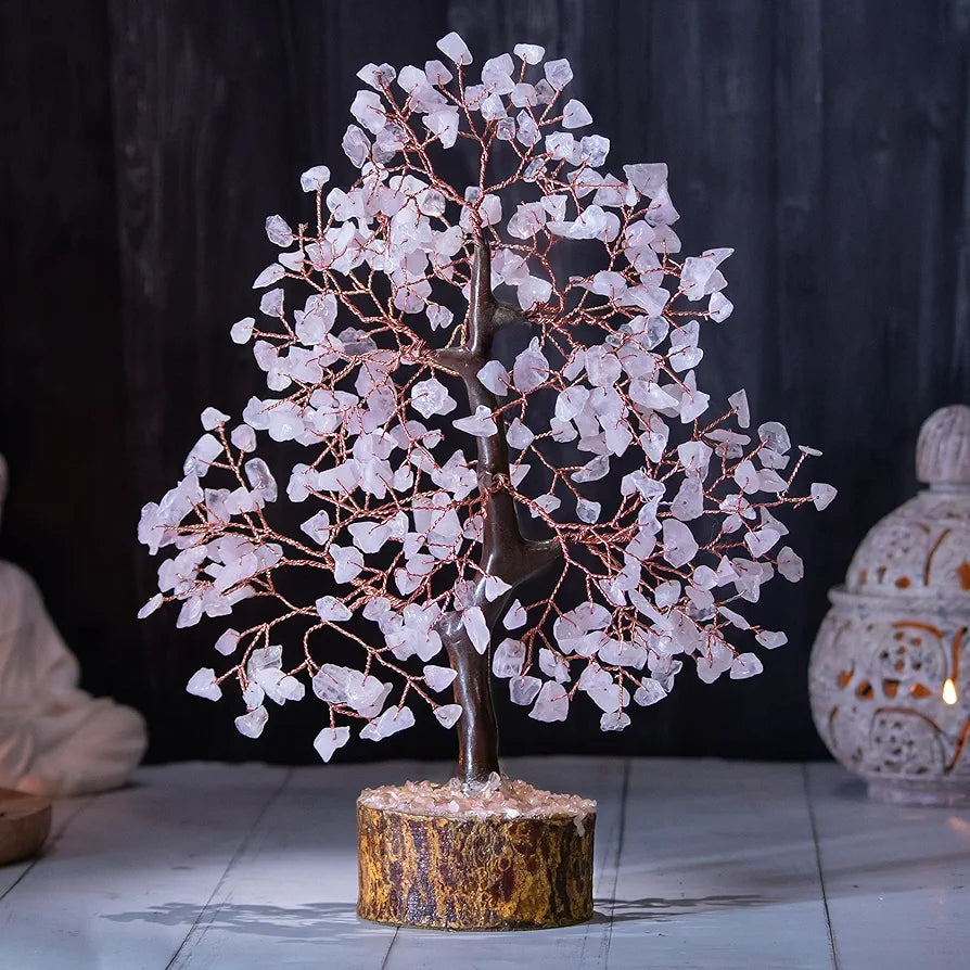 Bezavo Rose Quartz Crystal Feng Shui Tree Silver Wire