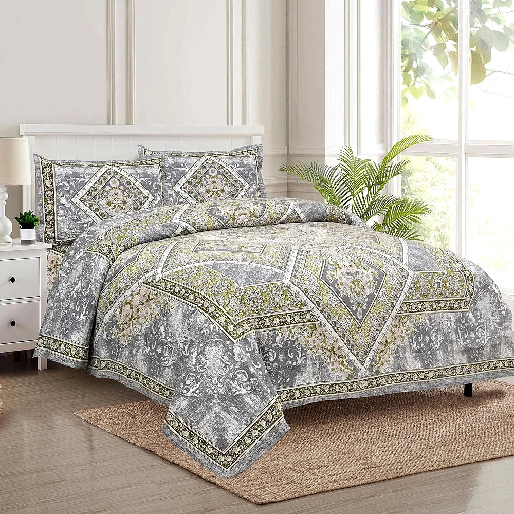 Kuber Industries Double Bedsheet with 2 Pillow Covers 186 TC Premium Cotton Arabic Beauty Flower Square Gray