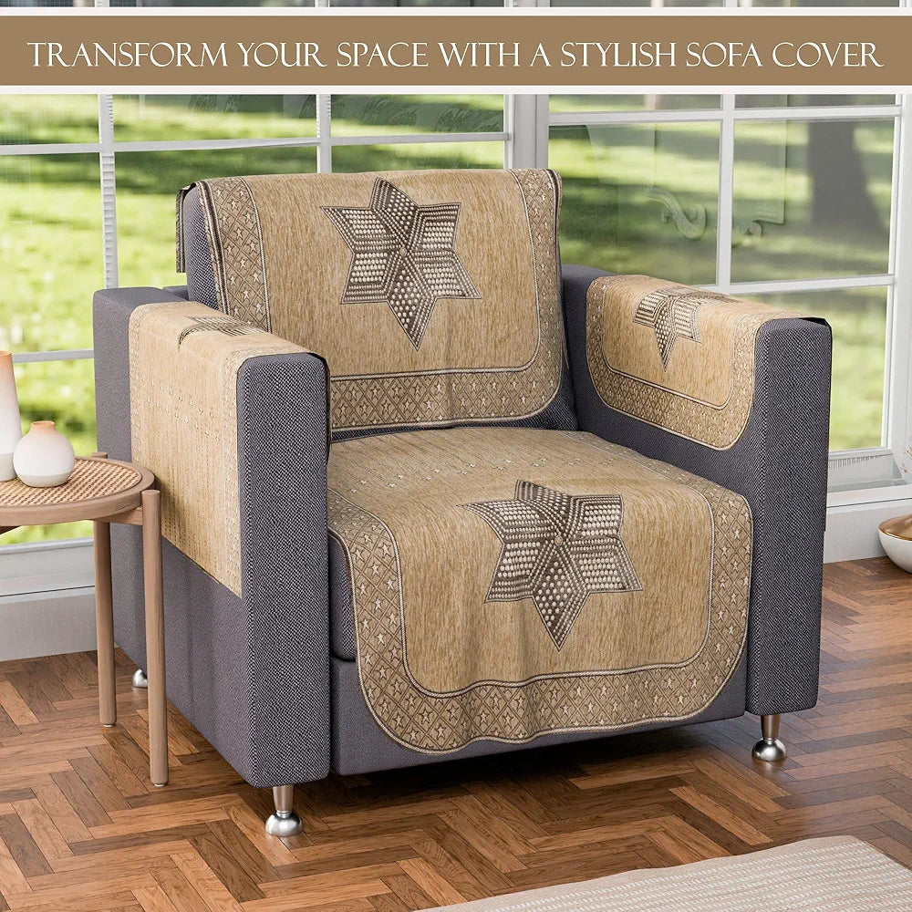 Kuber Industries Set of 16 Anti-Skid Sofa Cover 5-Seater with Arm Cover Star Print Cream & Brown