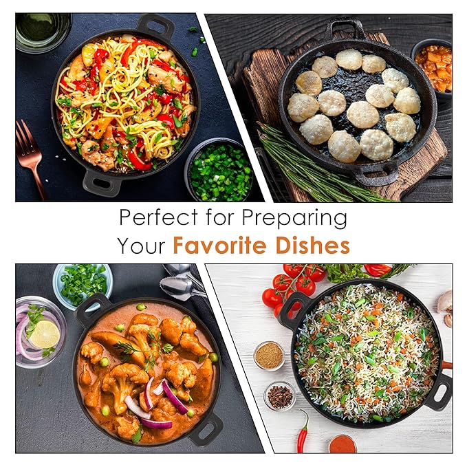 Solara Crownstone Premium Cast Iron Kadai 25 Cm, 2.1 Kg | Naturally Nonstick Cast Iron Kadai With 2 Loop Handles