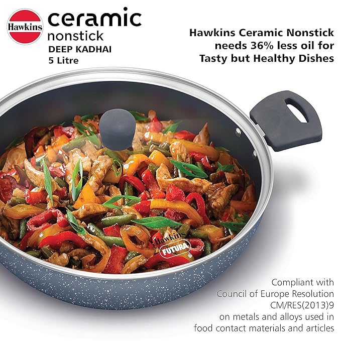 Hawkins Ceramic Nonstick 5 litre Deep Kadhai Induction Deep Fry Pan