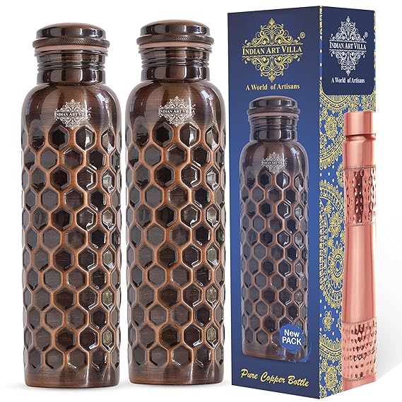 Indian Art Villa Pure Copper Water Bottle With Antique Dark Diamond Hammered Design
