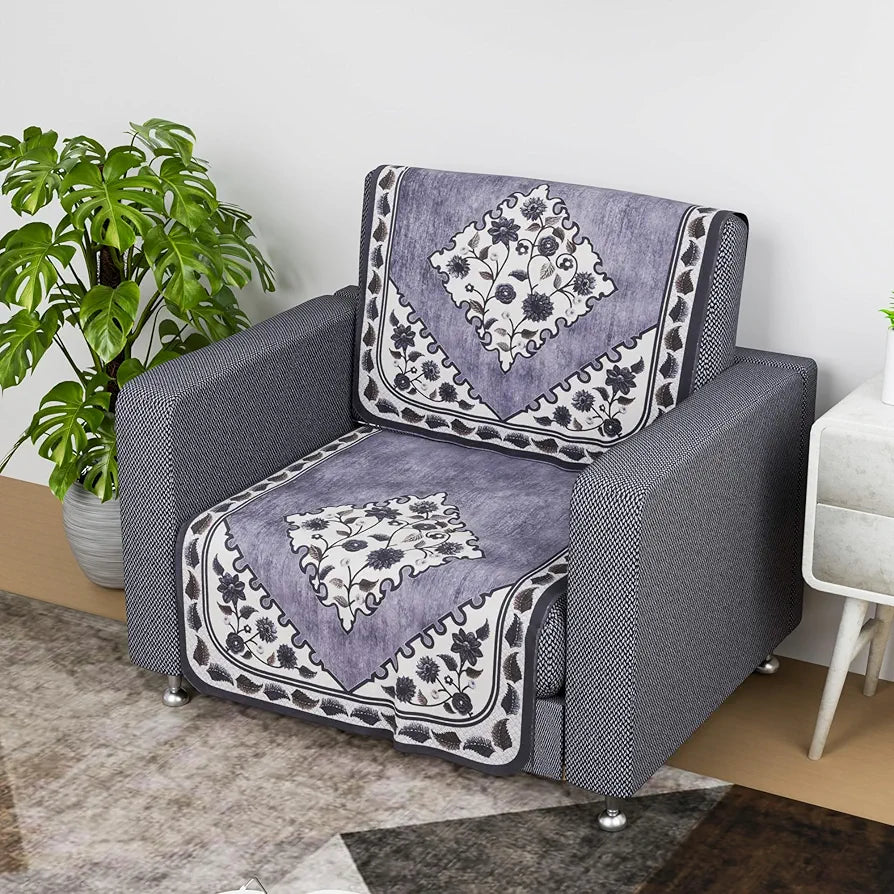 Kuber Industries Net Single Seater Sofa Cover Set Flower Digital Triangle Border Print-753 Grey