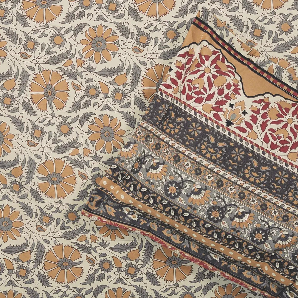 Cloth Fusion 186tc Glace Cotton Elastic Fitted Bedsheet for Double Bed King Size with 2 Pillow Covers Floral Beige