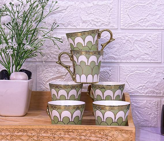 Femora Water Drop Scale Pattern Golden Tea Mugs, Ceramic Tea Cups, Coffee Mugs | 160 Ml | Green | 6 Pieces Set | Not Microwave Safe