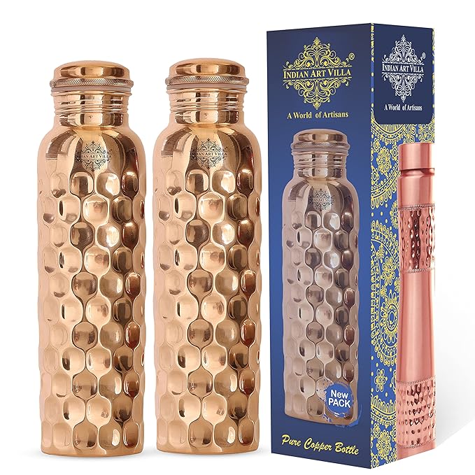 Indian Art Villa Pure Copper Water Bottle with Diamond Hammered Design Design