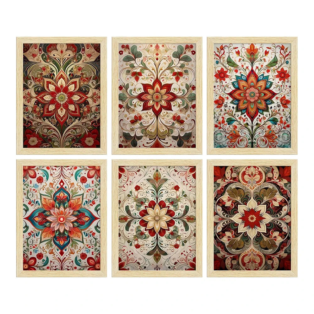 ArtX Paper Floral Patterns Botanical Art Paintings MadhuLeaves-SO6-01 With Frame Multicolor Set of 6