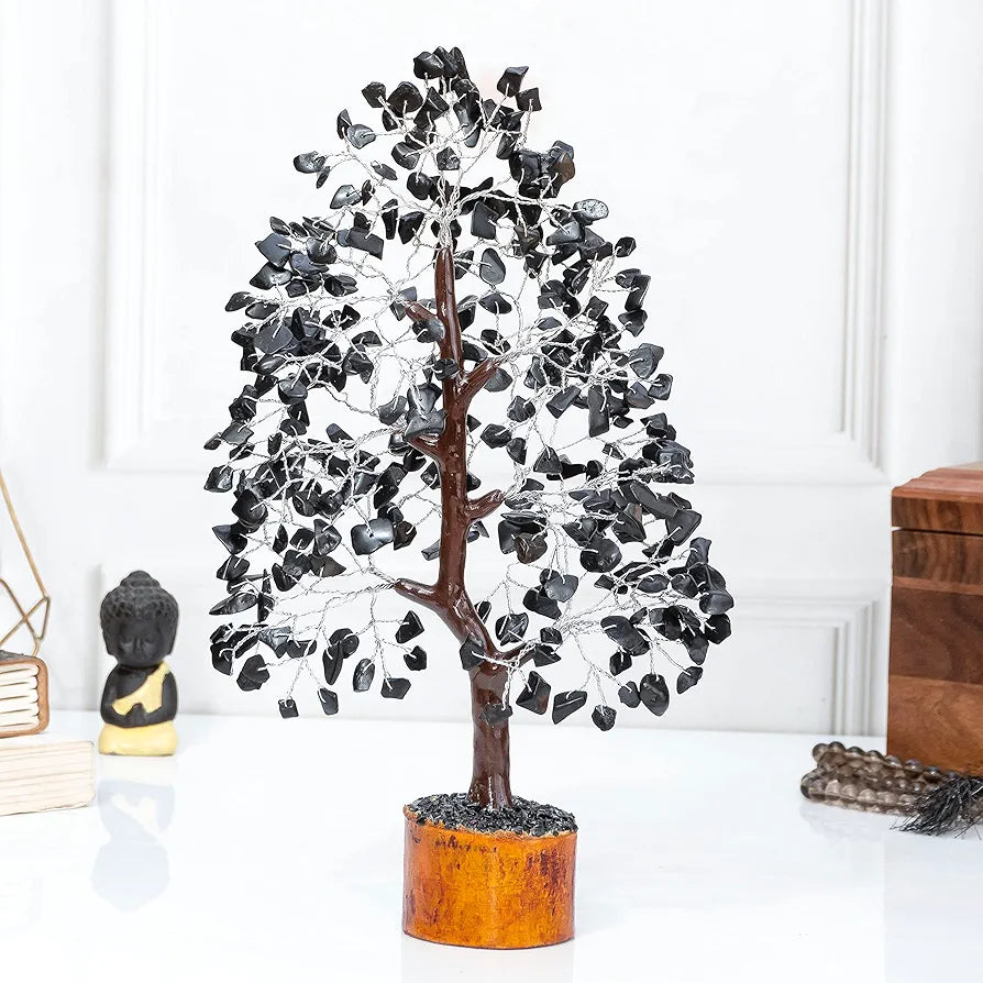 Hindcraft Black Tourmaline Crystal Tree Silver Wire 10-12 inch