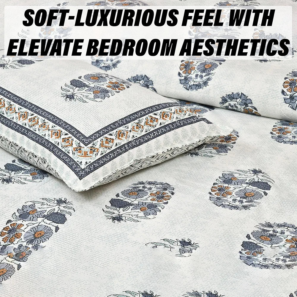 Kuber Industries Double Bedsheet with 2 Pillow Covers 160 TC Premium Cotton Dezier Flower Boota Blue