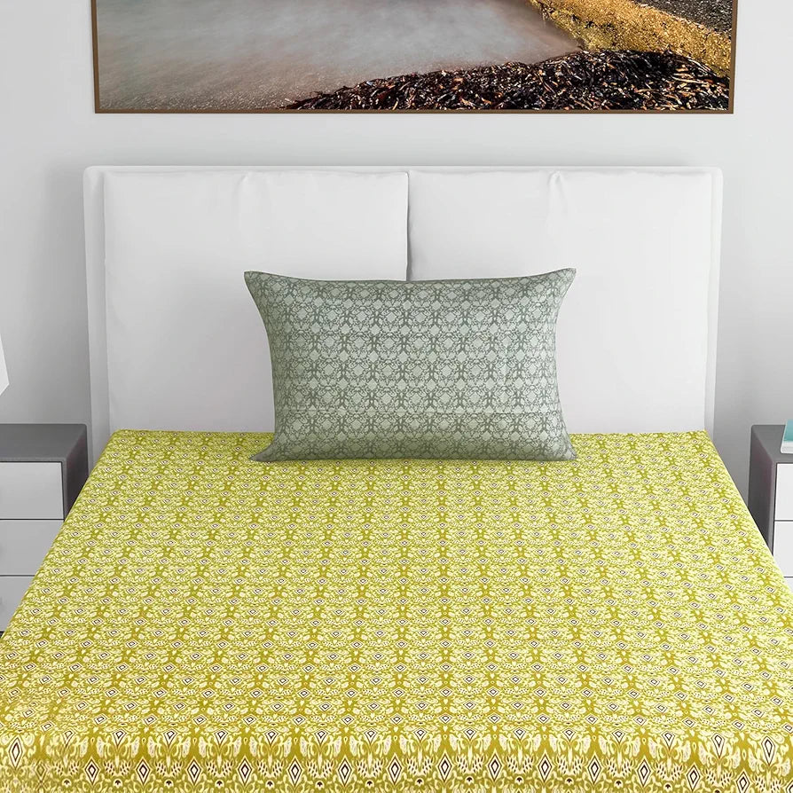 Divine Casa 144 TC 100% Pure Cotton Single Bedsheet with 1 Pillow Cover Ikat Diamond Print Colour Mustard Yellow