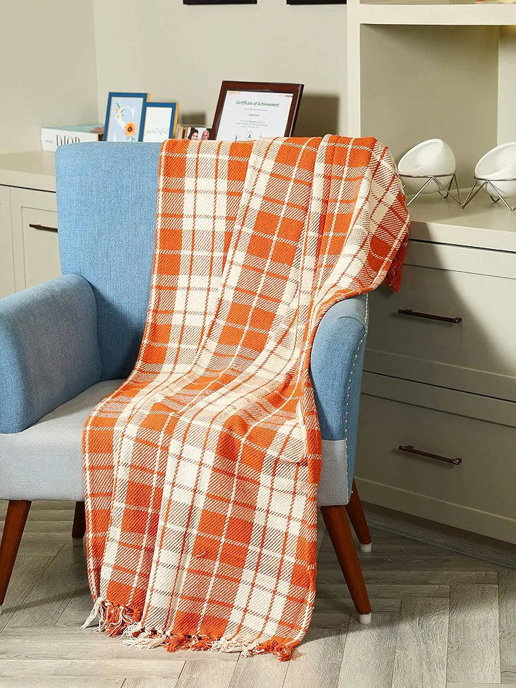 Sashaa World Plaid Blanket Throw Colour Orange & White