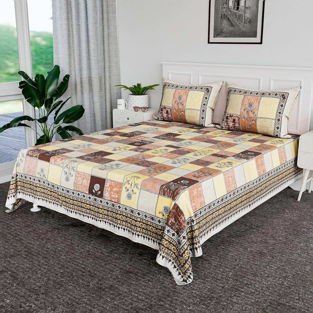 Kuber Industries Cotton Bedsheets for Double Bed with 2 Pillow Covers Candy Flower Brown & Yellow