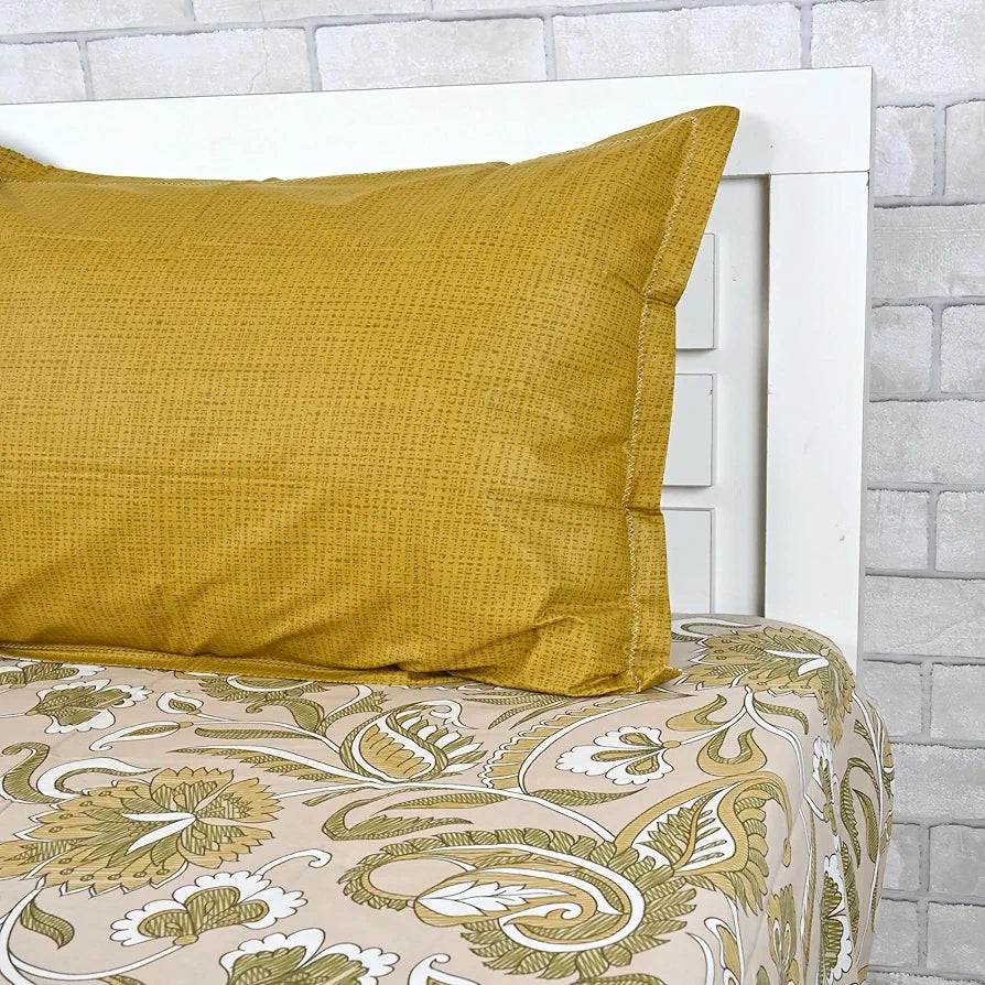 Divine Casa 144 TC Pure Cotton Single Size Bedsheet with 1 Pillow Cover Regal Paisley Colour Cream Golden Yellow