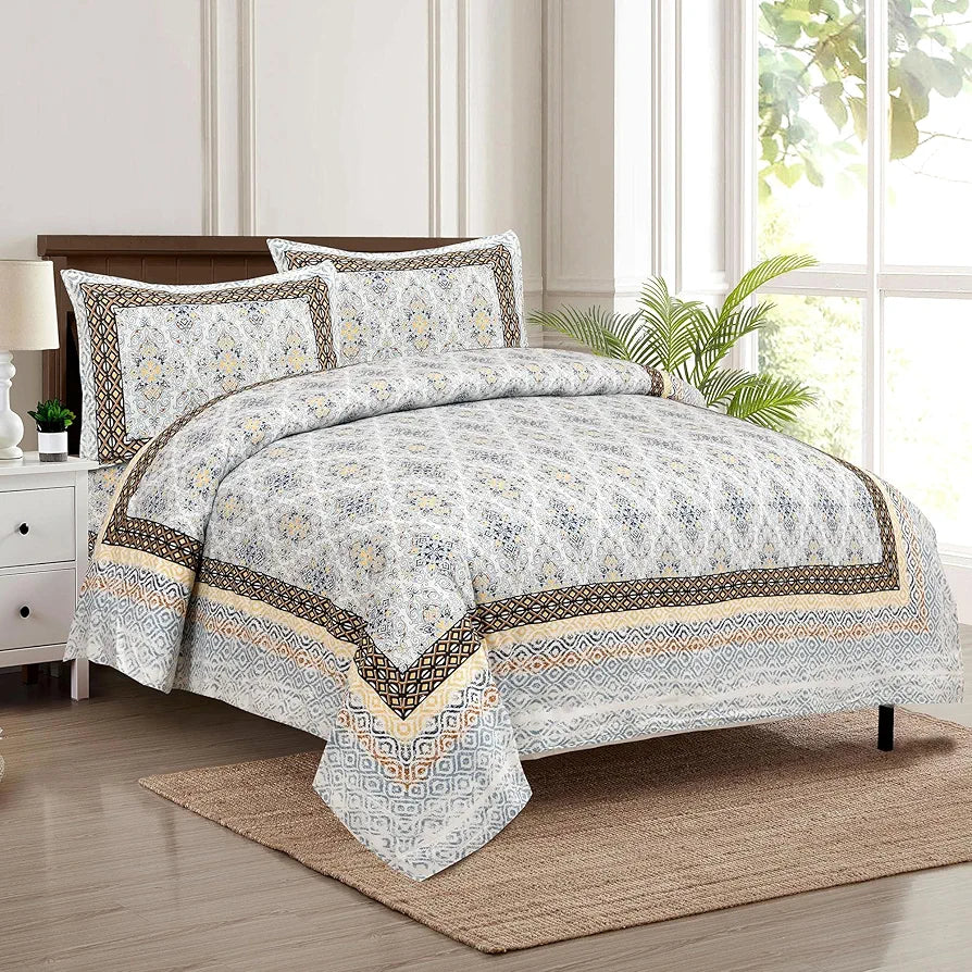 Kuber Industries Double Bedsheet with 2 Pillow Covers 160 TC Premium Cotton Dezier Carpet Print Blue