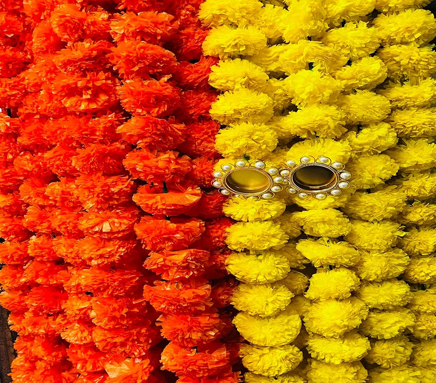 Indian Made in Bharat Artificial Marigold Flowers for Decoration Garland 400gsm Each 5 Feet Long 10 Pcs with 2 Diya 5 yellow+5 Orange Merigold