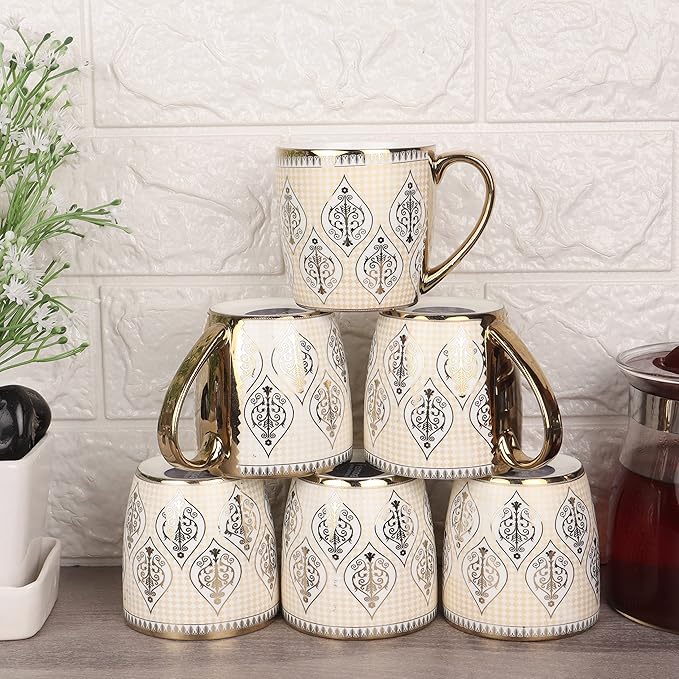 Femora Indian Ceramic Golden Line Tea Cup, Coffee Cup | 6 Pieces | 190 Ml | Not Microwave Safe