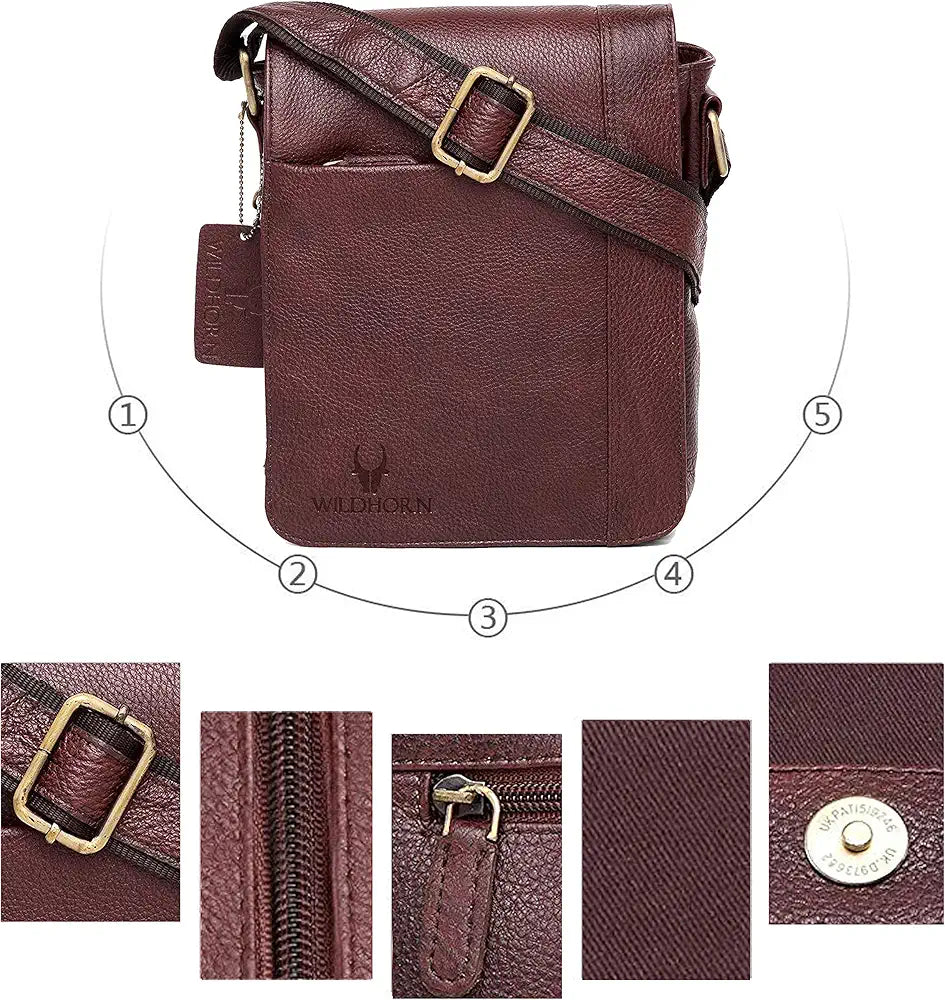 WildHorn Leather 8.5 inch Sling Messenger Bag for Men I Multipurpose Crossbody Bag I Travel Bag with Adjustable Strap I DIMENSION: L- 8.5inch H- 10.5inch W- 3inch