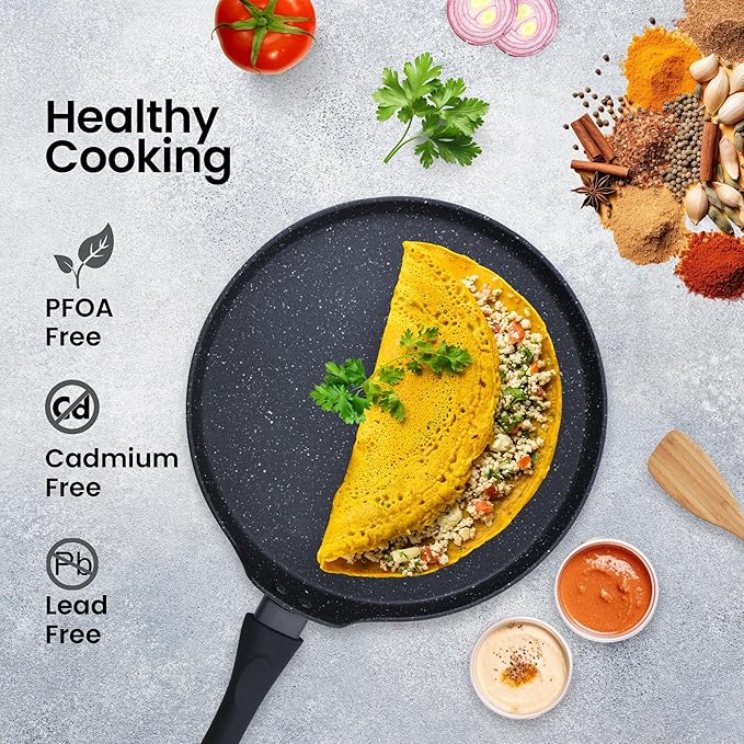 Solara Granite Dosa Tawa Non Stick Pan 28cm, Dosa Tawa Induction Base & Gas Compatible With Soft-touch Handles | Black