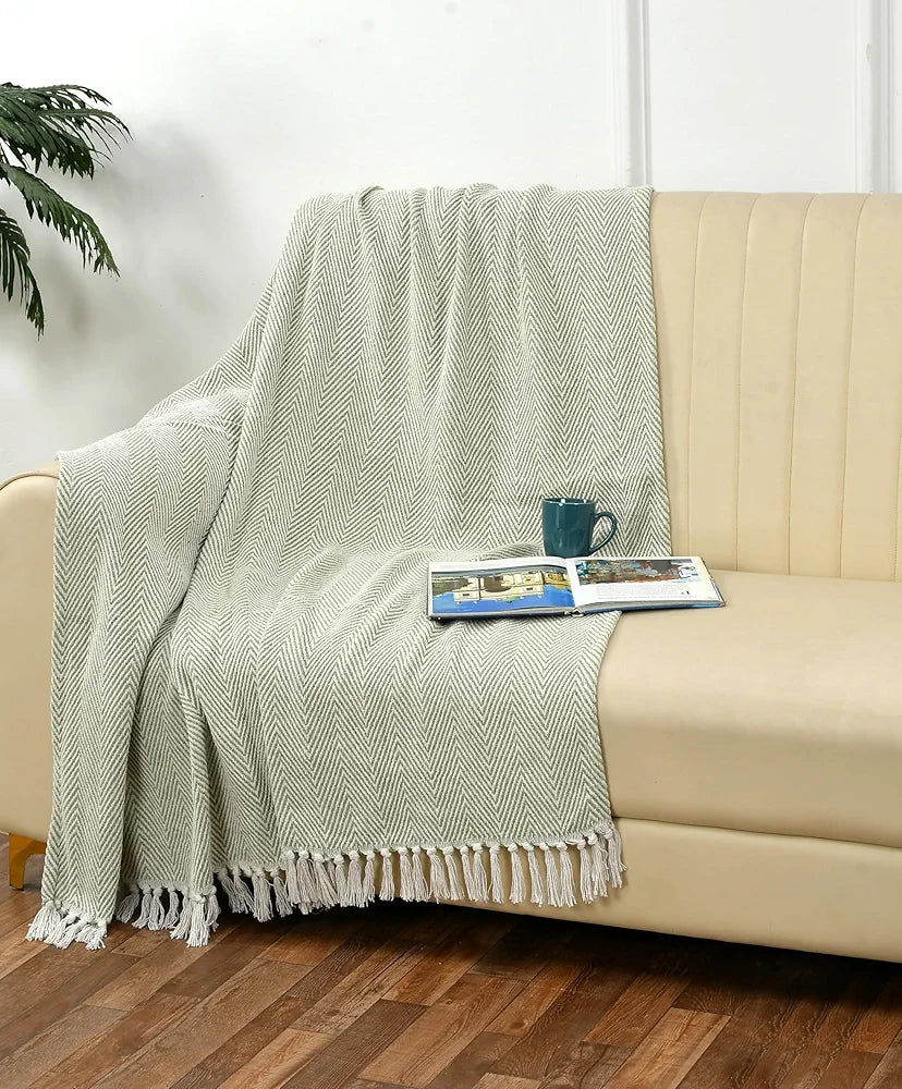 Sashaa World Cotton Spring Hued Chevron Throw Blanket Colour Light Green