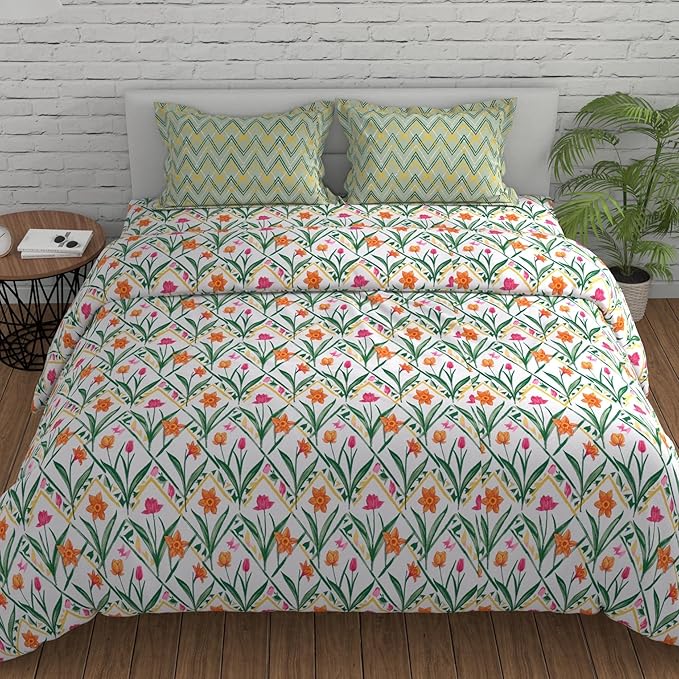 Huesland by Ahmedabad Cotton 144 TC Bedsheet for King Size Bed with 2 Pillow Covers | Botanical Chevron |  Green, Yellow & White