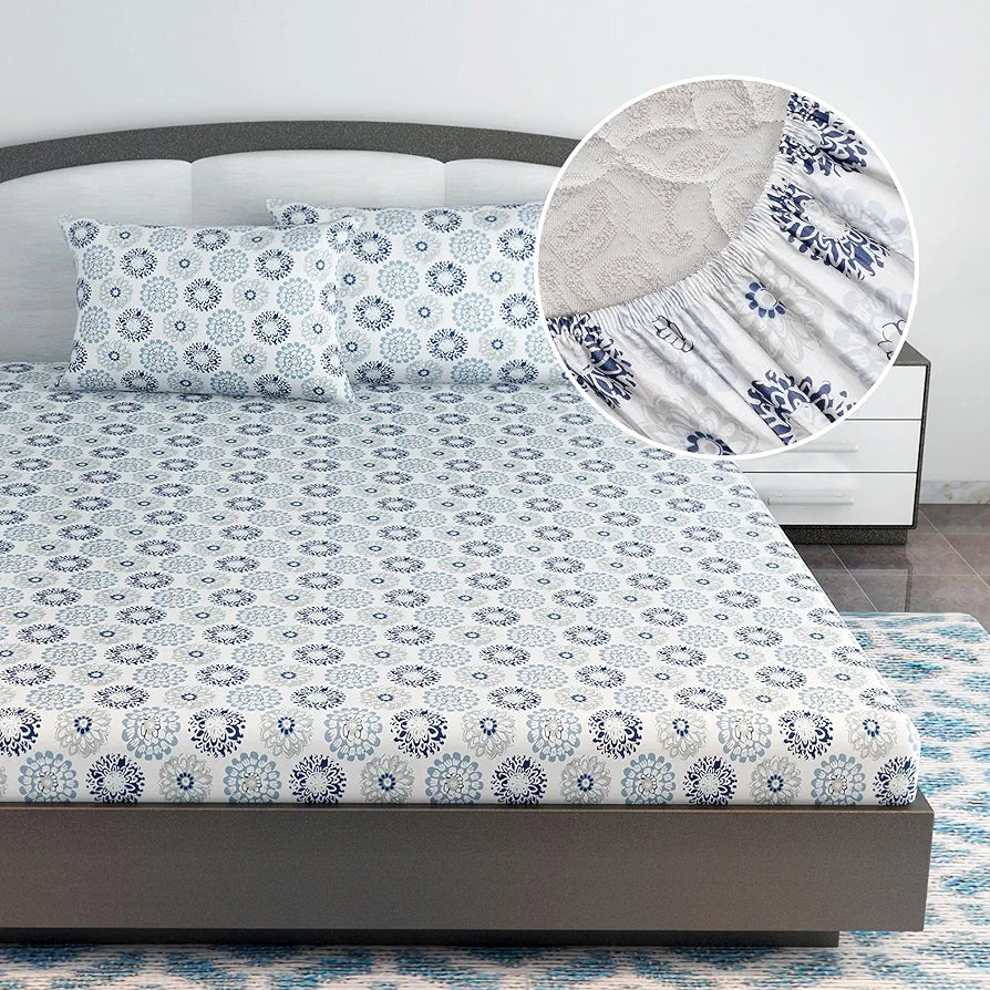 Divine Casa 144 TC Floral Grey 100% Cotton Elastic Fitted Bedsheets King Size with 2 Pillow Covers Colour Dutch Blue