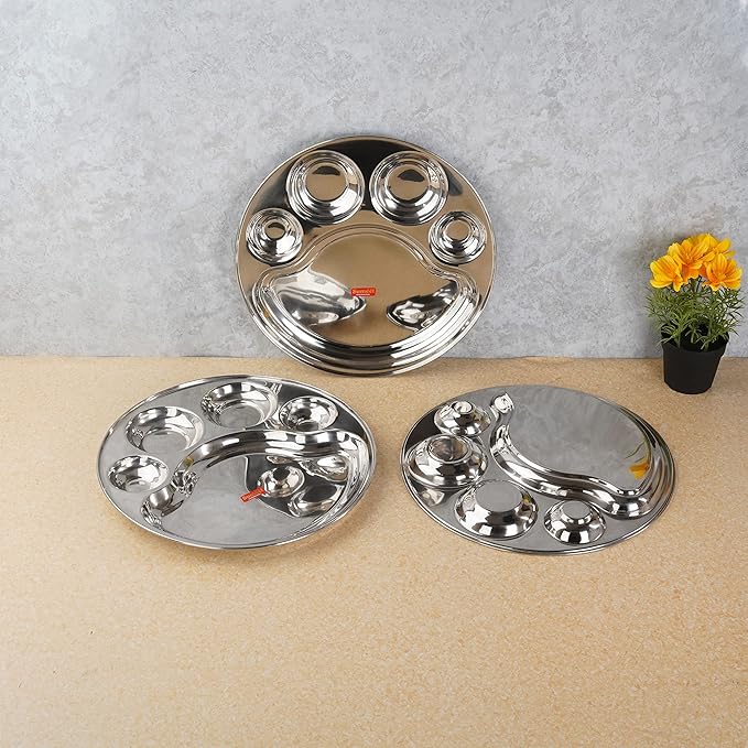 Sumeet Stainless Steel Round 5 in 1 Compartment Lunch Big Plates Set of 3Pcs 34cm Silver